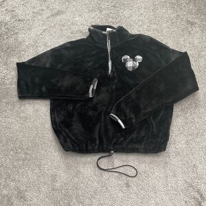 Disney Soft Plush Sequin Mickey Mouse Cropped Jacket Womens 2L Black 1/4 Zip